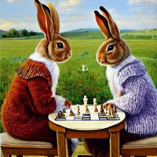 Prompt: two rabbits drinking tea and playing chess. Painting of rabbits in sweaters by James Gurney.