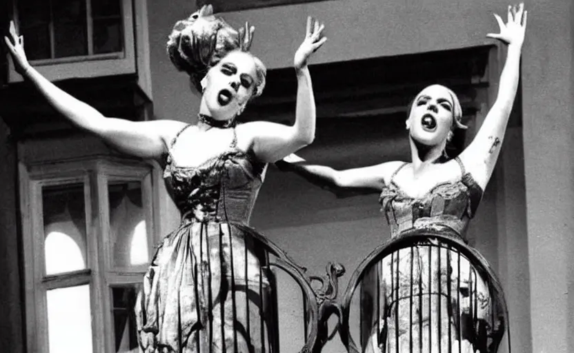 Image similar to lady gaga as Evita singing on the balcony in Evita 1996