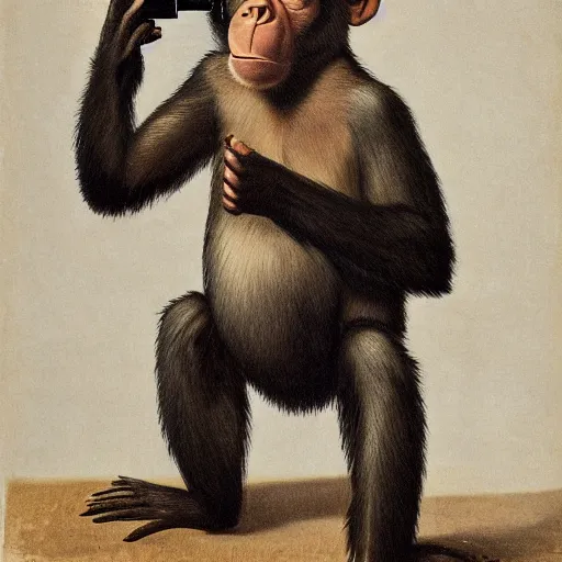 Image similar to Portrait of a monkey holding a camera, in style of dalle 2