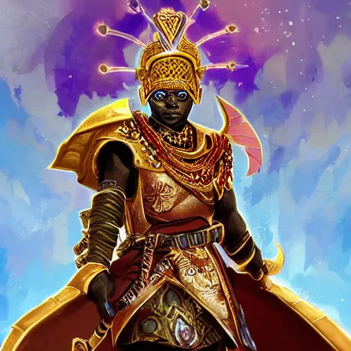 Prompt: a young black boy dressed like an african moorish warrior in gold armor and a crown with a ruby, and a very ornate glowing electric spear!!!, for honor character digital illustration portrait design, by android jones in a psychedelic fantasy style, dramatic lighting, hero pose, wide angle dynamic portrait