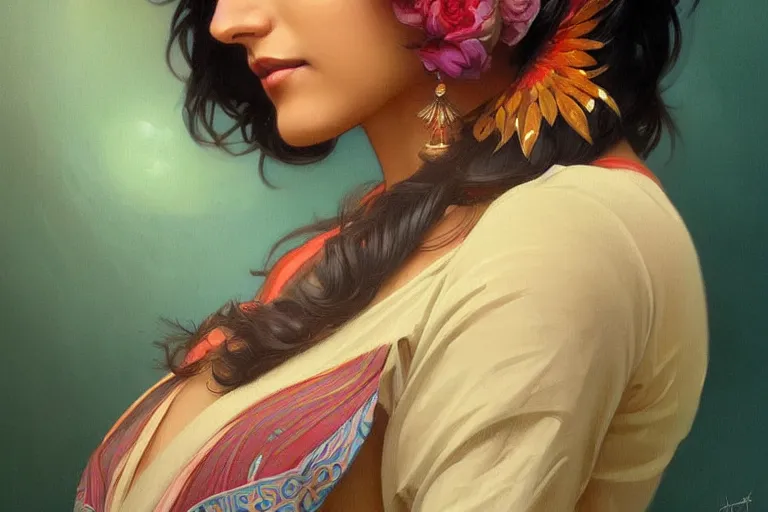 Image similar to sensual pale beautiful indian doctor in jeans, art deco portrait, elegant, intricate, digital painting, artstation, concept art, smooth, sharp focus, illustration, art by artgerm and greg rutkowski and alphonse mucha