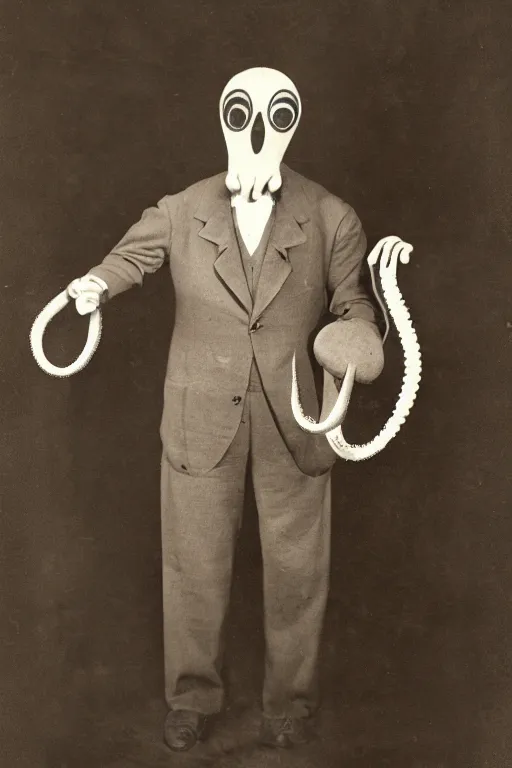Image similar to anthropomorphic octopus ,with human hands, wearing a suit, vintage photograph, sepia