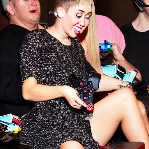 Prompt: Miley Cyrus playing video games