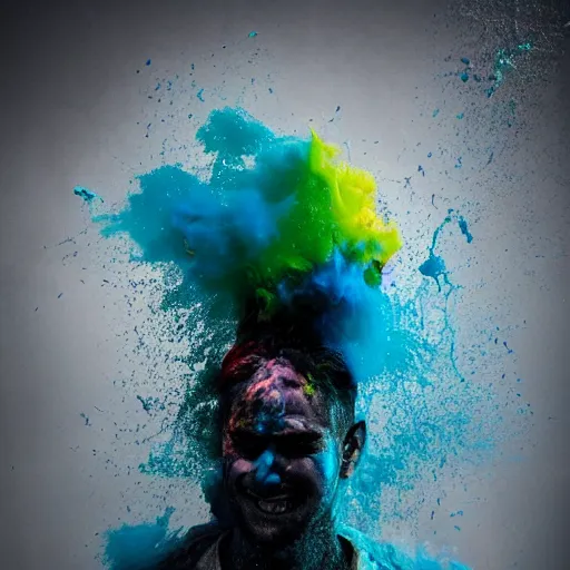 Prompt: a man covered in colored powder standing in front of a black background, digital art by alberto seveso, shutterstock contest winner, action painting, behance hd, vivid colors, zbrush