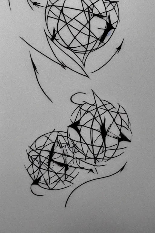 Image similar to a beautiful tattoo design of minimalist swallows flying into spherical lines and simple basic shapes, black ink, line art