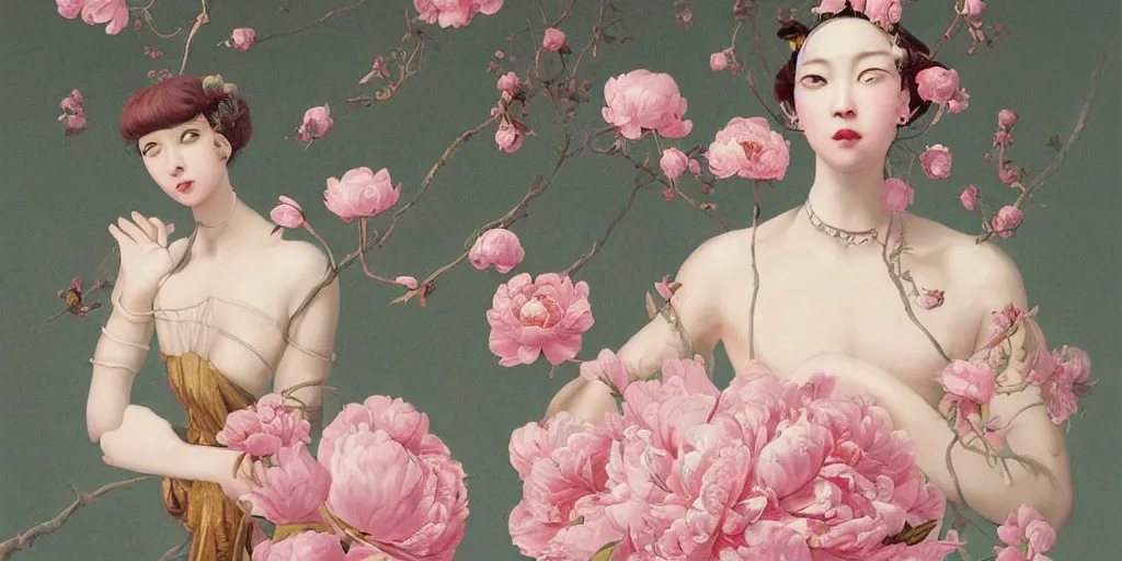 Image similar to breathtaking detailed concept art painting blend of pink short hair goddesses of peonies by hsiao - ron cheng with anxious piercing eyes, vintage illustration pattern with bizarre compositions blend of flowers and fruits and birds by beto val and john james audubon, exquisite detail, extremely moody lighting, 8 k