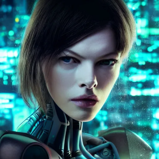 Image similar to Cyborg girl with style of Ghost in the Shell protagonized by Mila Jovovich, human face, robotic body, smooth skin, wires, realistic, VFX, 4k