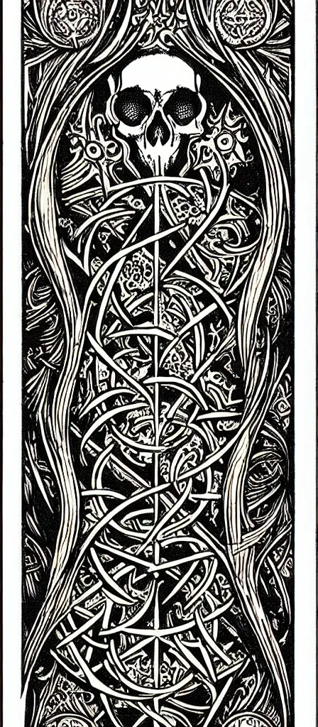 Prompt: a beautiful fractal tarot card featuring bold occult imagery with clean lines. skulls. punk. dimension. haeckel. fish and sea creatures. detailed adult coloring book