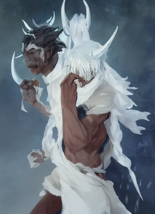 Image similar to concept art painting of a dark skinned person with short white hair, demon horns, white freckles, full clothing, blue robes, detailed, cel shaded, in the style of ruan jia and artgerm and makoto shinkai and james gurney