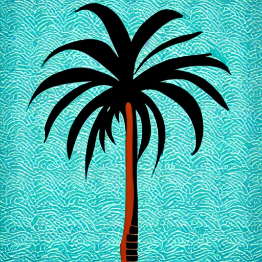 Image similar to waves in bottom front of a palm tree in front of a giant stylized volleyball vector logo, professional sports style, flat colour, svg, professional, sharp edges