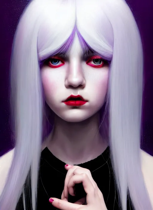 Image similar to hair blackbangs hair, white hair, blackbangs, portrait of teenage girl with white hair, red irises, purple clothes, black bangs, bangs are different color from hair, intricate, elegant, glowing lights, highly detailed, digital painting, artstation, concept art, smooth, sharp focus, illustration, art by wlop, mars ravelo and greg rutkowski