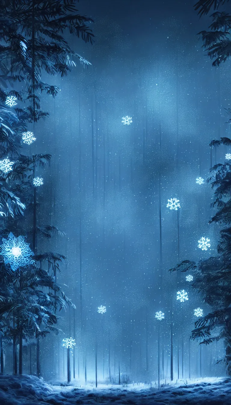 Prompt: highly detailed photo of snowflakes glowing in dark night jungle, hyper realistic, art by greg rutsowski, concept art, 8 k detail post - processing