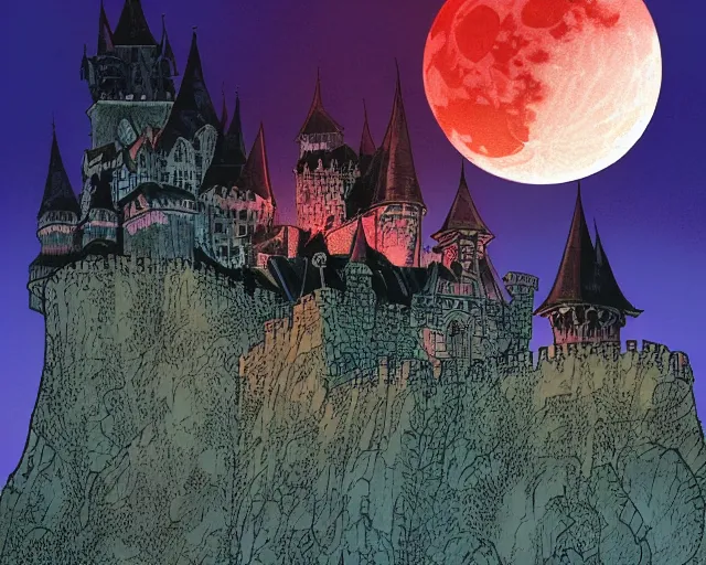 Image similar to dracula's castle rising up from the mist at night silhouetted by a single huge bloodmoon by arthur adams and moebius and chip zdarsky, stunning, comic, pen and ink, slash page, highly detailed