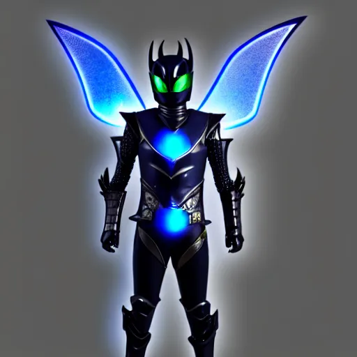 Prompt: High Fantasy Kamen Rider, single character full body, 4k, glowing eyes, daytime, rubber suit, dark blue segmented armor, dragon inspired armor, centered