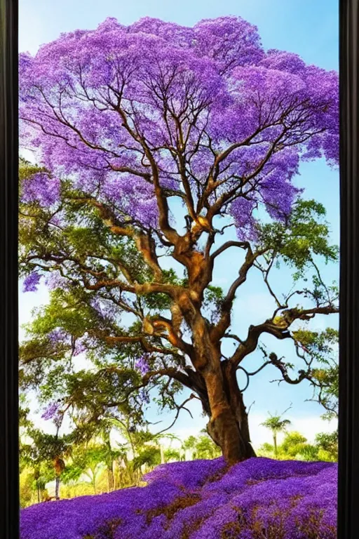 Image similar to huge world jacaranda tree with purple colored flowers, + lightning bolt, + antique,