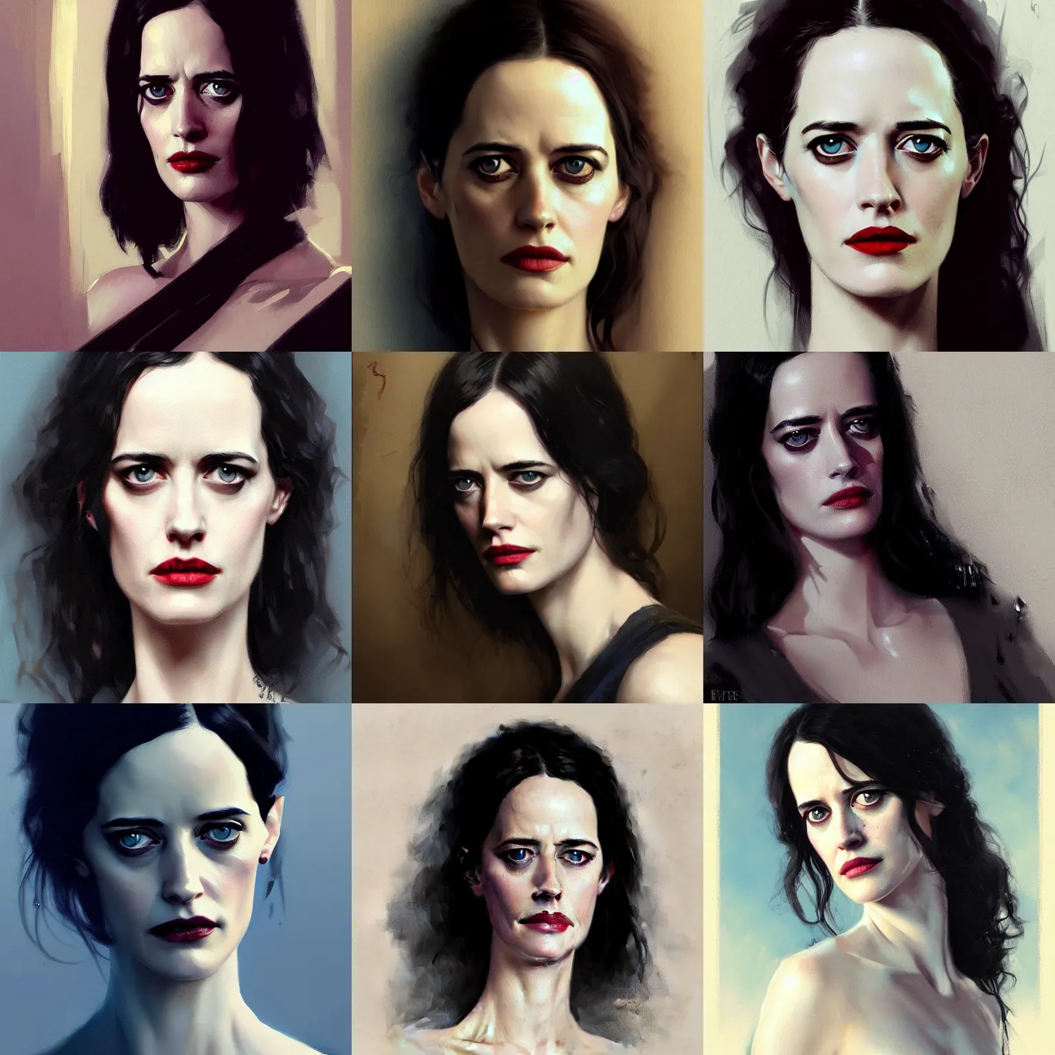 Prompt: portrait of eva green by greg rutkowski, penelope ives from penny dreadful, vesper lynd from casino royale, blue eyes, proportional perfectly detailed eyes pupils, artstation hq
