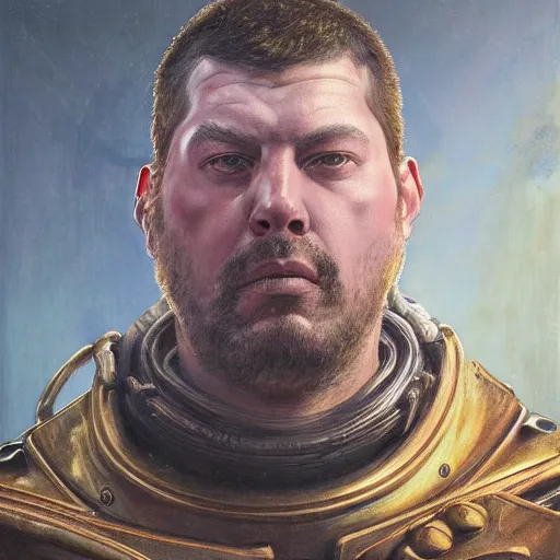 Image similar to portrait of heavy armoured doomguy in disco elysium, by alexander mcqueen, by roberto ferri, by tom bagshaw, by j. c. leyendecker and klimt, by austin osman spare, highly detailed oil painting, very intricate, cinematic lighting, award - winning, american romanticism, artstation, cgsociety, official art, octane