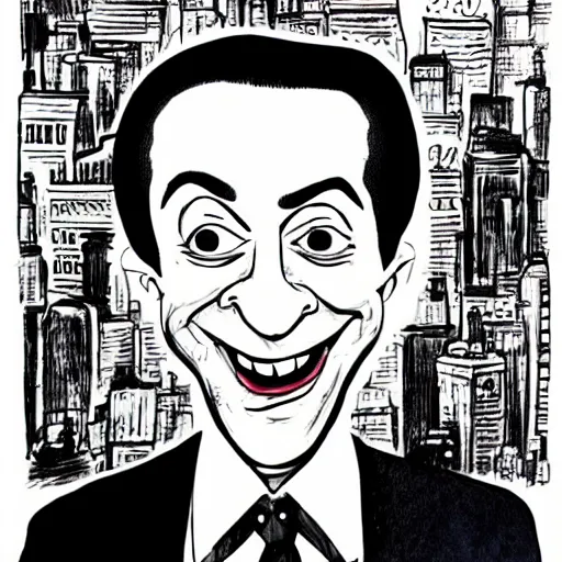 Prompt: caricature drawing of pee wee herman, illustration, ink, isca, award winning, new yorker