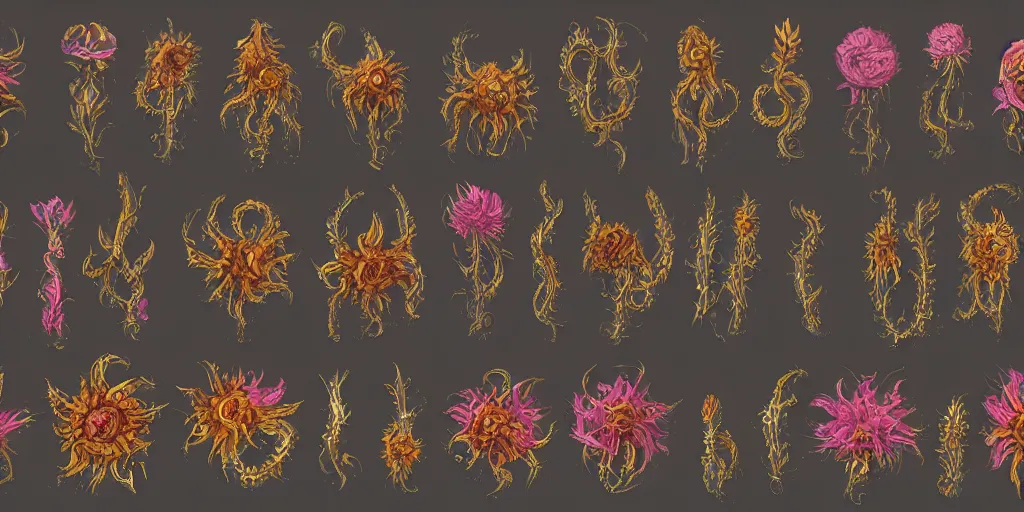 Prompt: reference sheet of unique lovecraftian flower on black background, in gouache detailed paintings, props, stylized, 2 d sprites, kitbash, 8 k, close up