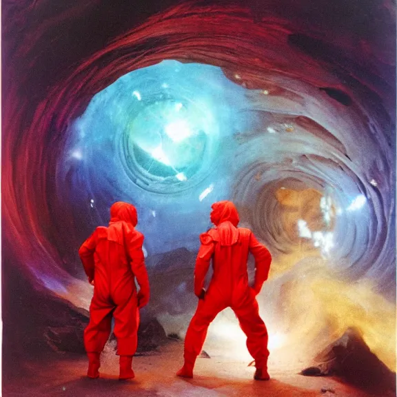 Image similar to two scientists wearing red rick owens hazmat suits in a glowing nebula wormhole tunnel by frank frazetta