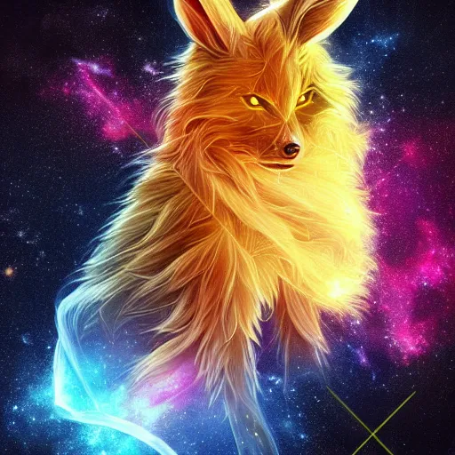 Image similar to geometric symmetrical jolteon with galaxy eyes in space, nebula in the background, intricate, elegant, highly detailed, digital painting, artstation, concept art, smooth, sharp focus, illustration, art by artgerm