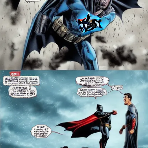 Prompt: Homelander kills Batman in 4k, while Superman cries in the background. Rainy sky