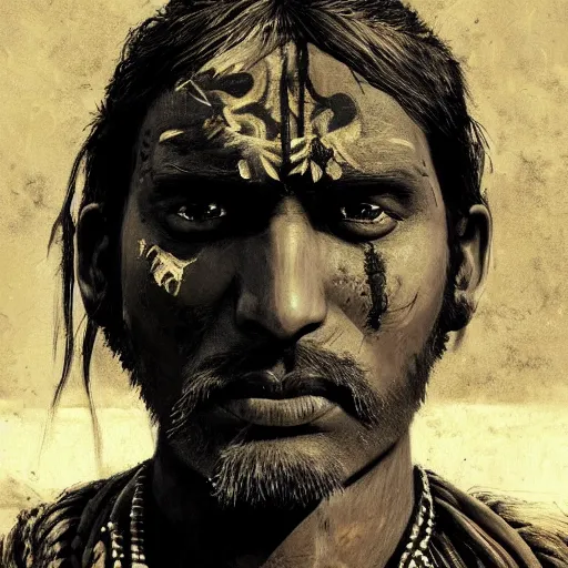 Prompt: portrait of an indian warrior, black paint on face, drawn by ruan jia, fantasy art, red dead redemption, django, town background, weird west, deadlands, dramatic lighting, digital art, 8 k, extremely detailed