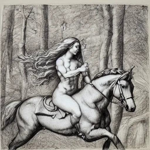 Image similar to “8k pencil drawing of Diana huntress in beautiful forest, Horses in run, intricate in style of Michelangelo and Rubens and Albrecht Durer, hand made paper” - H 768