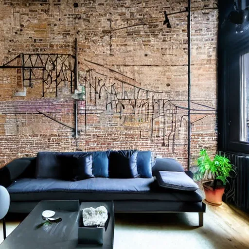 Image similar to trendy downtown loft with contemporary murals on the wall, modern textures, and patterns, interior design, gorgeous architecture