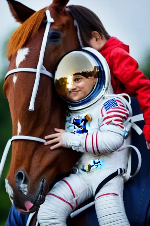 Prompt: a child in a horse mask sits on the shoulders of an astronaut