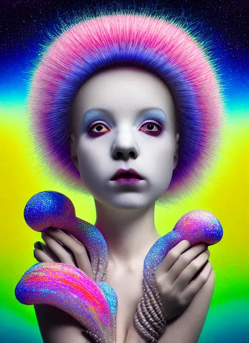 Image similar to hyper detailed 3d render like a Oil painting - kawaii portrait Aurora (white haired Singer Ferret) seen Eating of the Strangling network of yellowcake aerochrome and milky Fruit and Her delicate Hands hold of gossamer polyp blossoms bring iridescent fungal flowers whose spores black the foolish stars by Jacek Yerka, Mariusz Lewandowski, Houdini algorithmic generative render, Abstract brush strokes, Masterpiece, Edward Hopper and James Gilleard, Zdzislaw Beksinski, Mark Ryden, Wolfgang Lettl, hints of Yayoi Kasuma, octane render, 8k