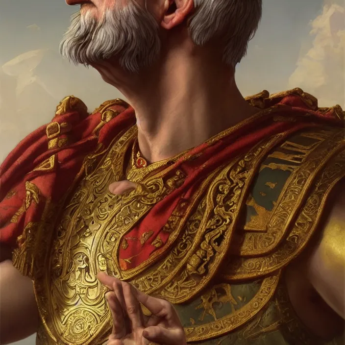 Image similar to excellent painted portrait of the last emperor of rome the ancient caesar invictus, high quality masterpiece painting with detailed face, 4k, trending on artstation, octane render, art by artgerm and greg rutkowski and alphonse mucha and craig mullins and James Jean and Andrei Riabovitchev and Marc Simonetti and peter mohrbacher