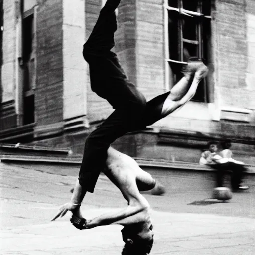 Prompt: A man doing a backflip in the street, eye-catching , dramatic, photographed by Henri Cartier-Bresson on a Leica camera