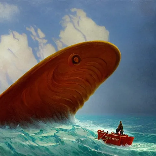 Image similar to an enormous eldritch sea monster peaking it's gigantic head out of the ocean in front of a tiny lifeboat with two children. detailed. photo realistic. john charles dollman. rhads. tianhua xu.