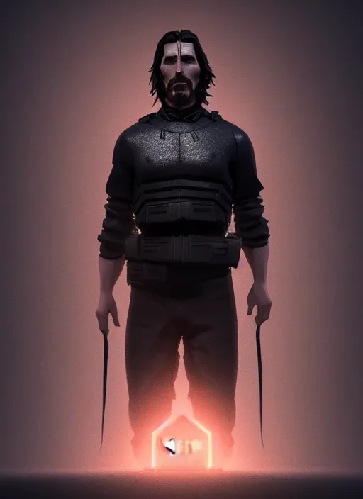 Image similar to portrait of Christian Bale in the style of Julen Urrutia's stylized characters + dim volumetric lighting, 8k octane beautifully detailed render, post-processing, extremely hyperdetailed, intricate, epic composition, grim yet sparkling atmosphere, cinematic lighting + masterpiece, trending on artstation