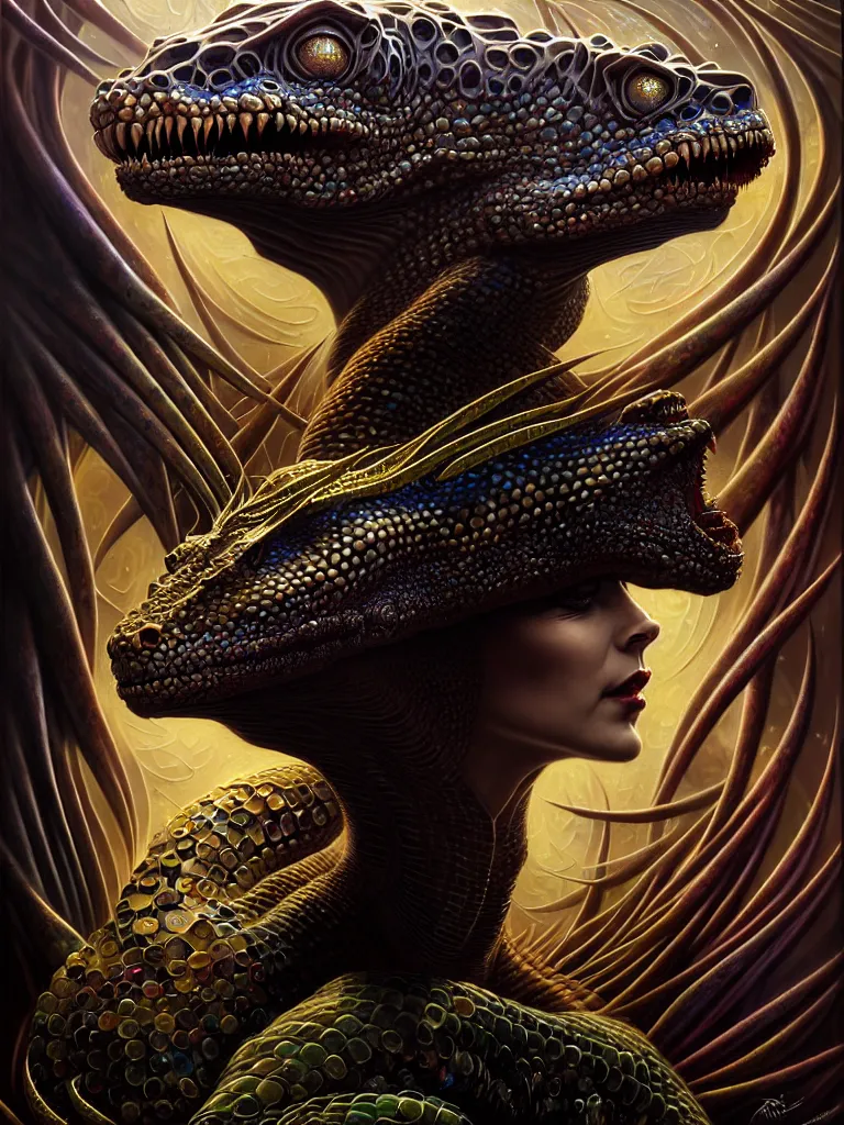 Image similar to cinematic fullbody portrait. complex hyper-maximalist overdetailed cinematic cosmic scifi portrait of an elegant very attractive but wild and dangerous reptilian goddess by andrei riabovitchev, tomasz alen kopera, oleksandra shchaslyva. Omnious intricate. Secessionist portrait illustration. Poison goddes. Focus on face. Artstation. Deviantart. 8k 4k 64megapixel. Rendered by binx.ly.