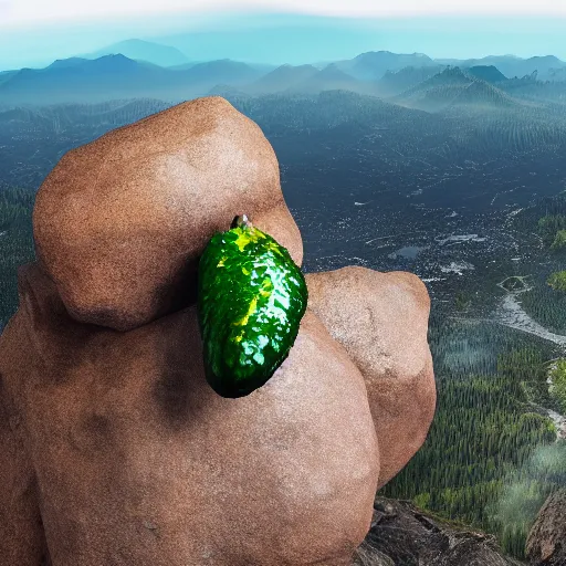 Image similar to A hyper realistic pickle standing on top of a mountain, scenic, realism, 8k,