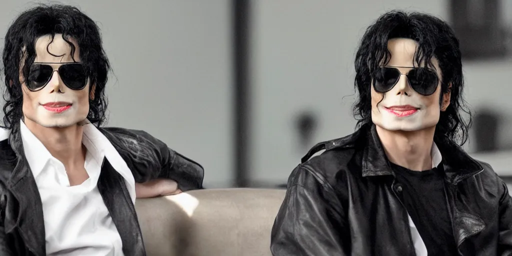 Image similar to michael jackson 2 0 0 9 wearing shades, alone, this is it style, photo real, skin, motion blur, sitting in a chair, by himself, real life, spotted, leaked, ultra realistic face, accurate, 4 k, movie still, uhd, sharp, detailed, cinematic, render, modern