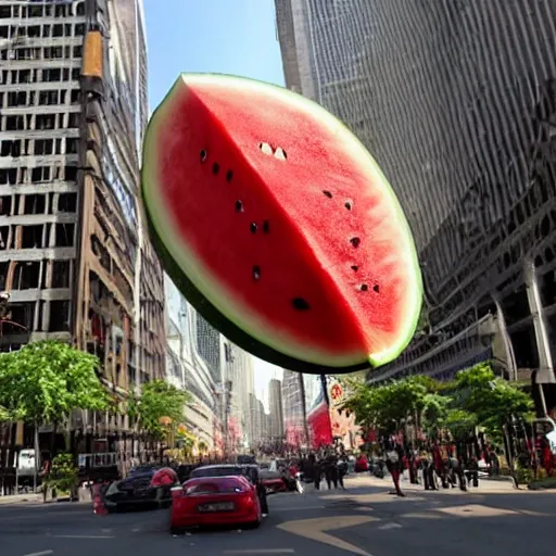 Prompt: Eventually, the giant watermelon made its way to a major city. It was destroying everything it came across, and the city was in chaos. Cinematic