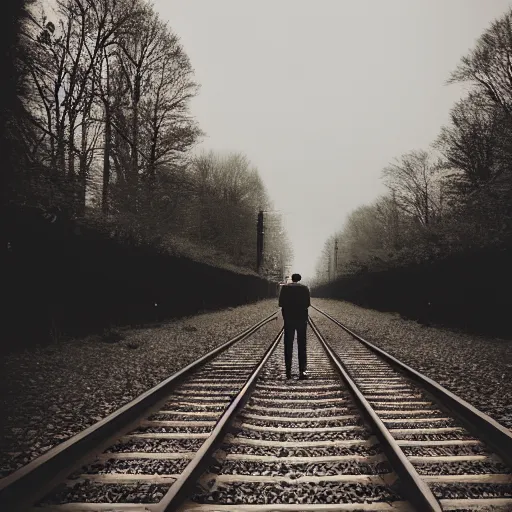 Prompt: a man walking on a railroad, photography,