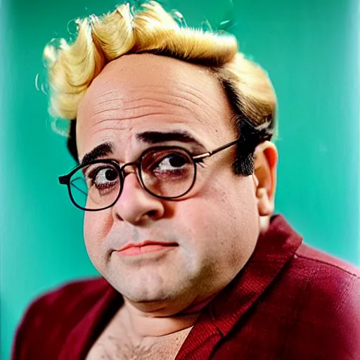 Prompt: an analog 4x5 camera portrait photography of a 1940s hollywood Danny devito, actress, blonde, vivacious, demur, cinematic, portrait color glamour, hq, detailed