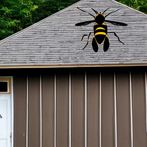 Prompt: a photo of a giant bee on an house, wide angle