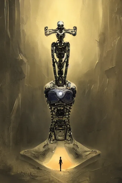 Prompt: the death tarot card as an i robot, torso portrait, intricate, elegant, volumetric lighting, scenery, digital painting, highly detailed, artstation, sharp focus, illustration, concept art, luis rollo, ruan jia, steve mccurry, john berkey