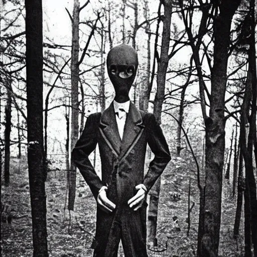 Prompt: “old photo of slender man in the woods, 1956”