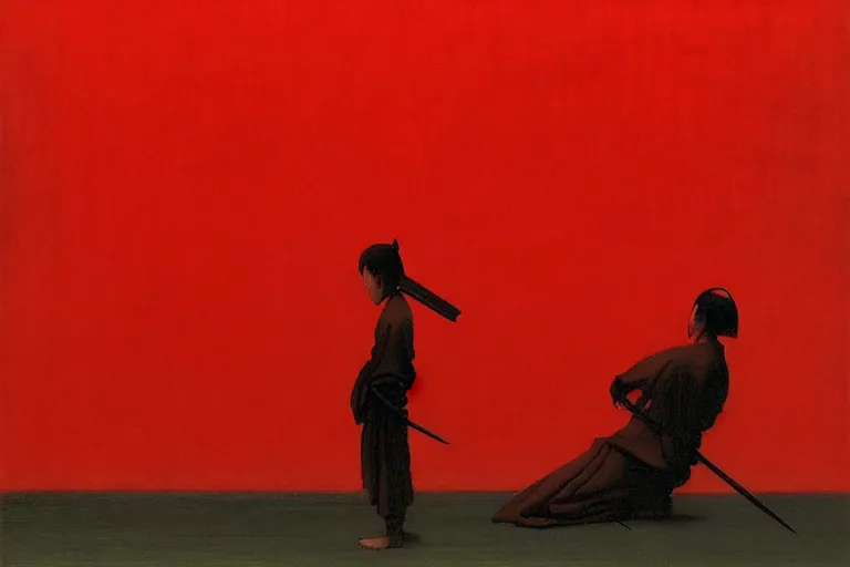 Image similar to only with red, a red samurai do seppuku, tokio, a lot of frogs watch, in the style of beksinski, parts by edward hopper, parts by rodcenko, parts by yue minjun, intricate and epic composition, red by caravaggio, insanely quality, highly detailed, masterpiece, red light, artstation, 4 k