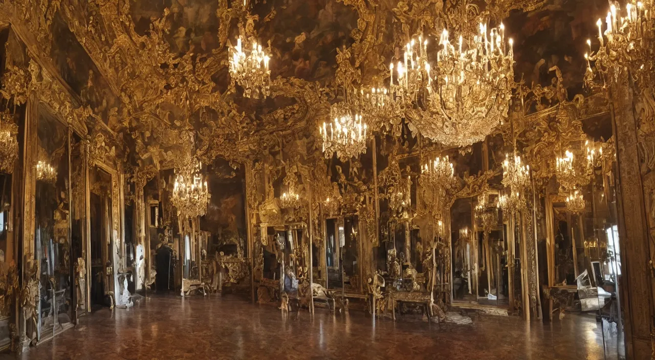 Prompt: a hall of mirrors inside an ancient castle