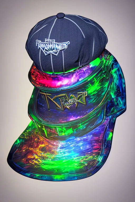 Image similar to photo of a baseball cap, band merchandise, bandname is tripmachine, tourname is invasion of the tripmachines, realistic digital art, printed with a 3 d render of a huge futuristic steampunk generator, 8 k, fluorescent colors, halluzinogenic, multicolored, exaggerated detailed, unreal engine