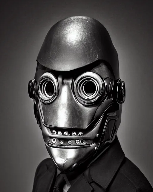 Image similar to Eddie Mendoza portraits of a anthropomorphic-robot cyber-face techno mask in black tie suit retro photo by Louis Daguerre