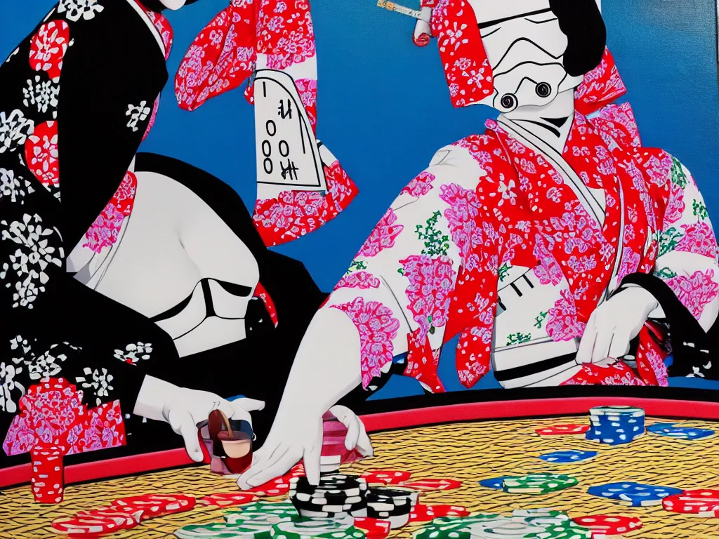 Image similar to hyperrealism composition of the detailed single woman in a japanese kimono sitting at an extremely detailed poker table with stormtrooper, fireworks, river on the background, pop - art style, jacky tsai style, andy warhol style, acrylic on canvas