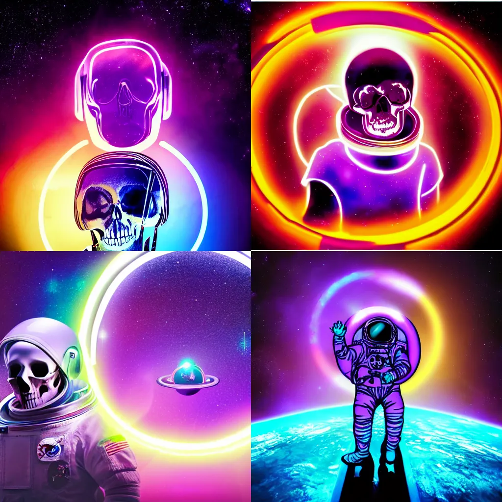 Prompt: astronaut with a skull head standing in front of a purple neon glowing ring in space, intricate, epic lighting, cinimatic composition, hyperrealistic